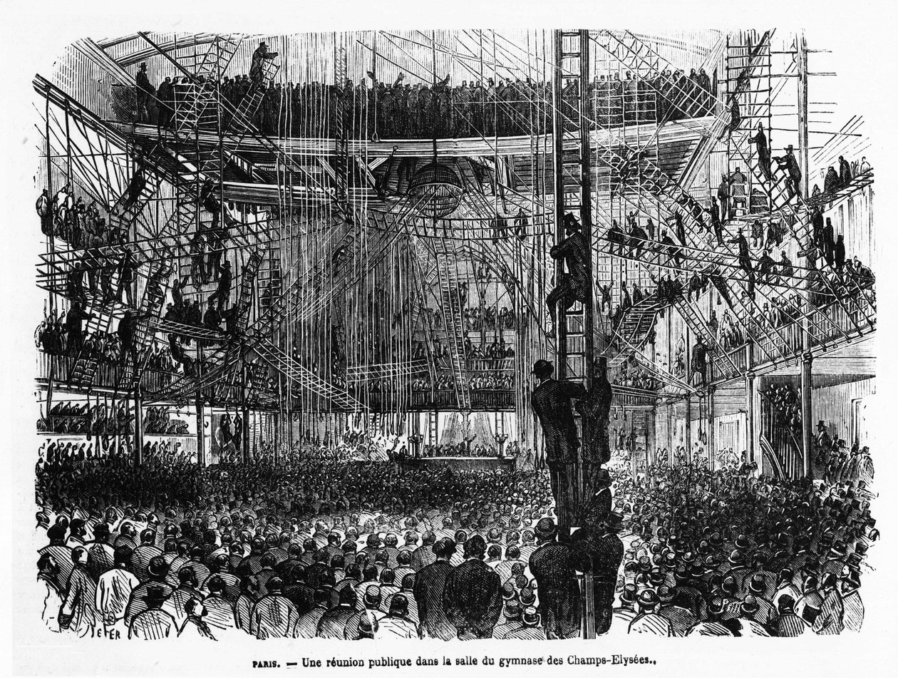 Et folkemøte i gymsalen på Champs-Elysées i Paris - i "La Presse illustrée"" n¡104, 30/10/1869, koll. Selva. av French School
