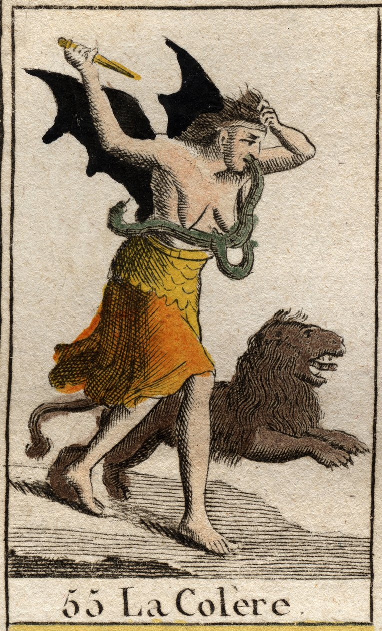 En representasjon av sinne kledd i skår, hun holder en dolk og river håret av seg. (Representasjon av Angry, kledd med filler, hun holder en kniv og river av seg håret). Fra "Mythology of Youth" av Pierre Blanchard 1803. av French School