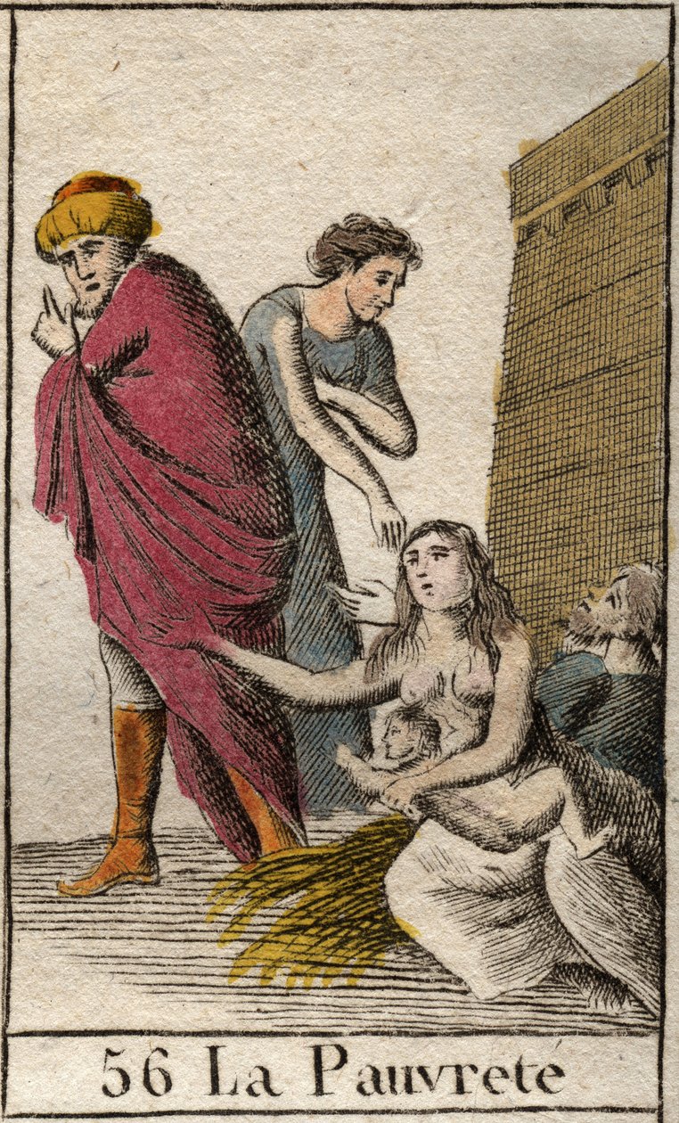 A representation of poverty, barefoot and clothed in shards, she sits on straw. (Representation of Poorness, dressed with tatters, barefoot, she sits on straw). From “Mythology of Youth” by Pierre Blanchard 1803. av French School