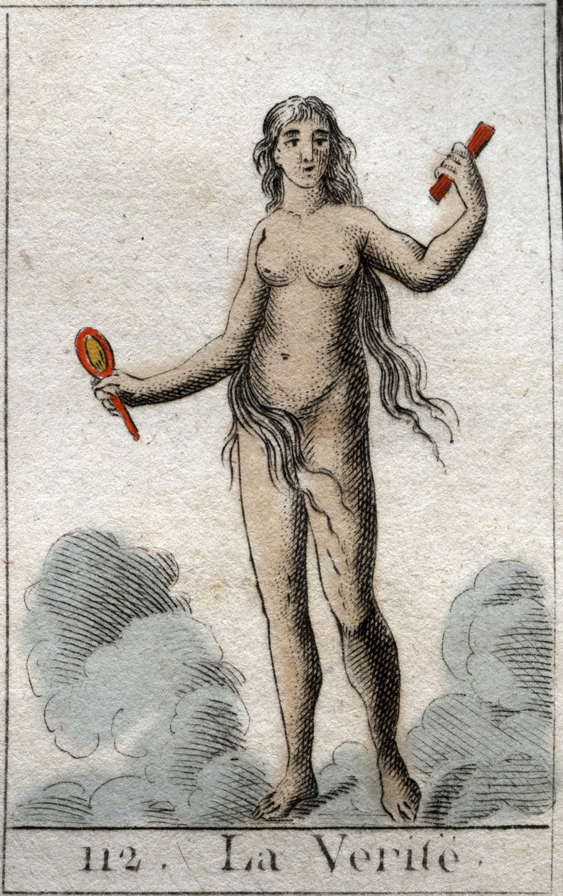 En representasjon av sannhetens gud, en naken ung kvinne med et oppriktig ansikt, hun holder et speil. (Representation of Truth, som en naken ung kvinne med rettferdig ansikt, holder hun et speil). Fra "Mythology of Youth" av Pierre Blanchard 1803. av French School