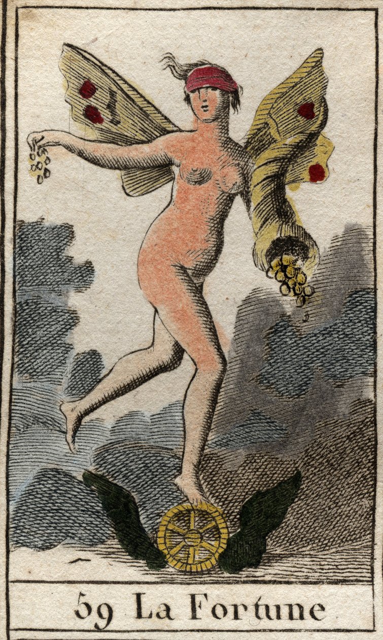 En representasjon av tilfeldighetens gudinne Fortune (Fortuna), hun bestemmer det gode og onde til mennesker, holder et horn av overflod og står på et hjul. (Representasjon av Fortuna, lykkens gudinne, hun bestemmer hva som skal skje med mennesker, hun ho av French School