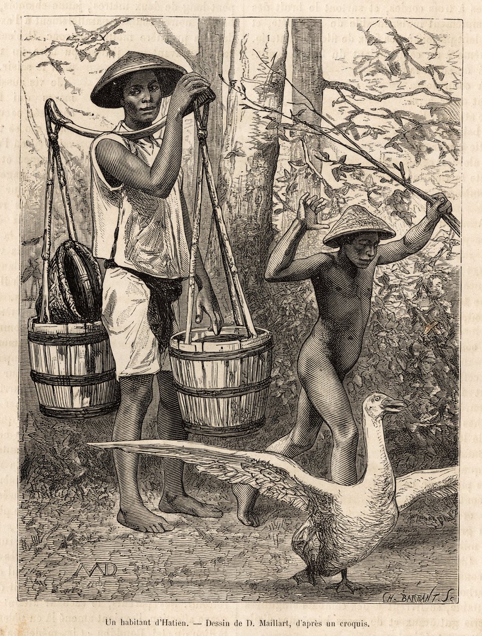 En innbygger i Hatien (Vietnam) som bærer bøtter og kurv og et barn som jakter på en gås med en pinne, graverer etter en tegning av Robin som illustrerer reisen til Cochinchine, av doktor Morice, i 1872, publisert i "" Le tour du monde"" ” 1875, redigert a av French School
