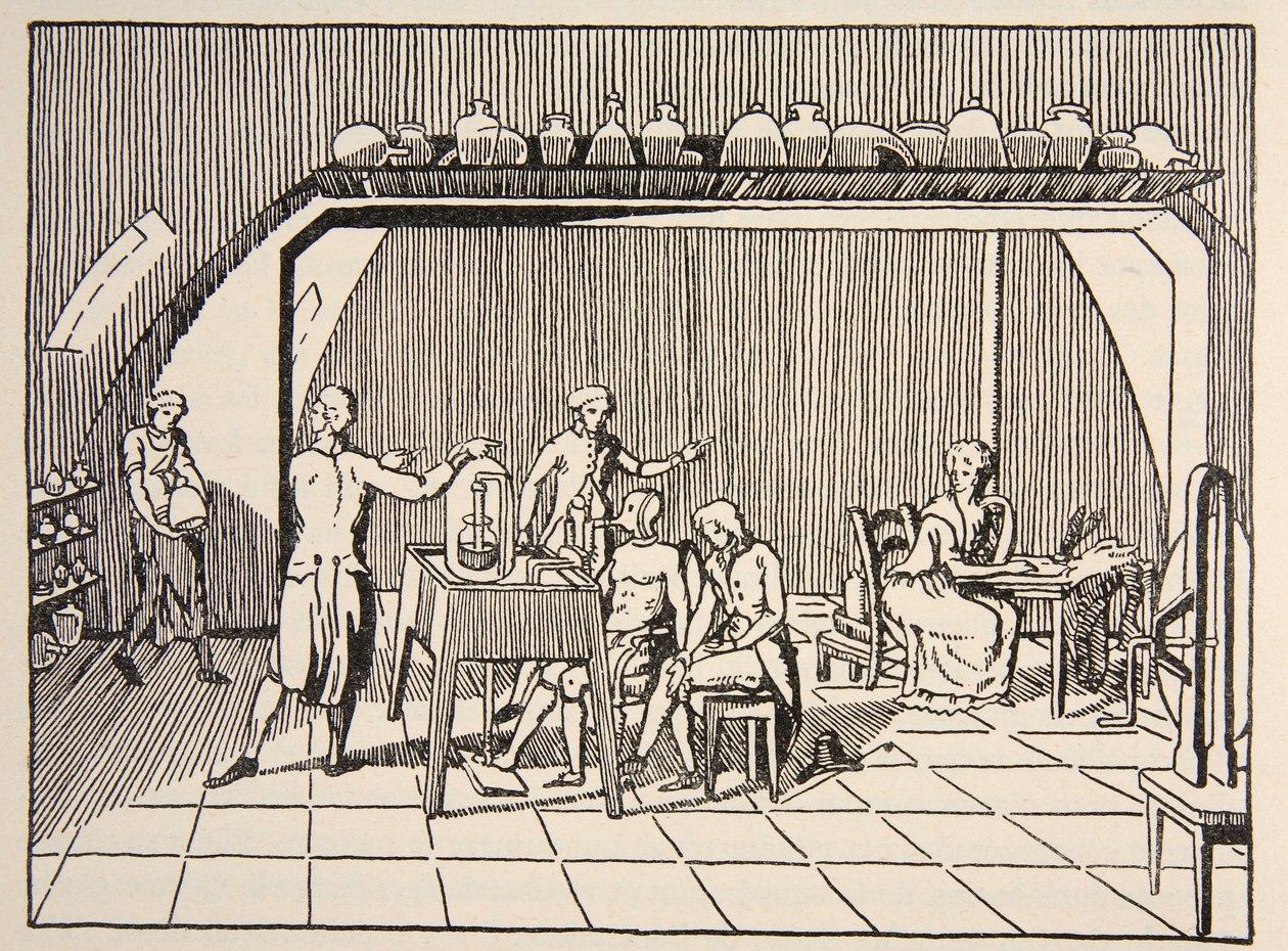 Et respirasjonseksperiment i laboratoriet til Lavoisier, kopi av Boris Mestchersky (d.1957) illustrasjon fra Histoire de la Nation Francaise, Sciences, Volumes I & II, av Gabriel Hanotaux (1853-1944) av French School
