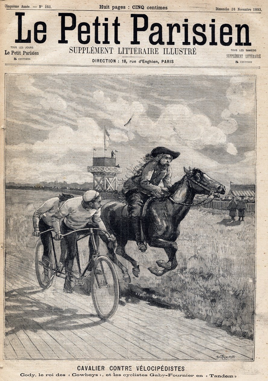A rider raced against velocipedists: William Frederic Cody (1846-1917), known as Buffalo Bill, known as King of the Cowboys and cyclists Gaby and Fournier in Tandem. One of the newspaper " Le petit Parisien”” on 11/26/1893 (engraving) av French School