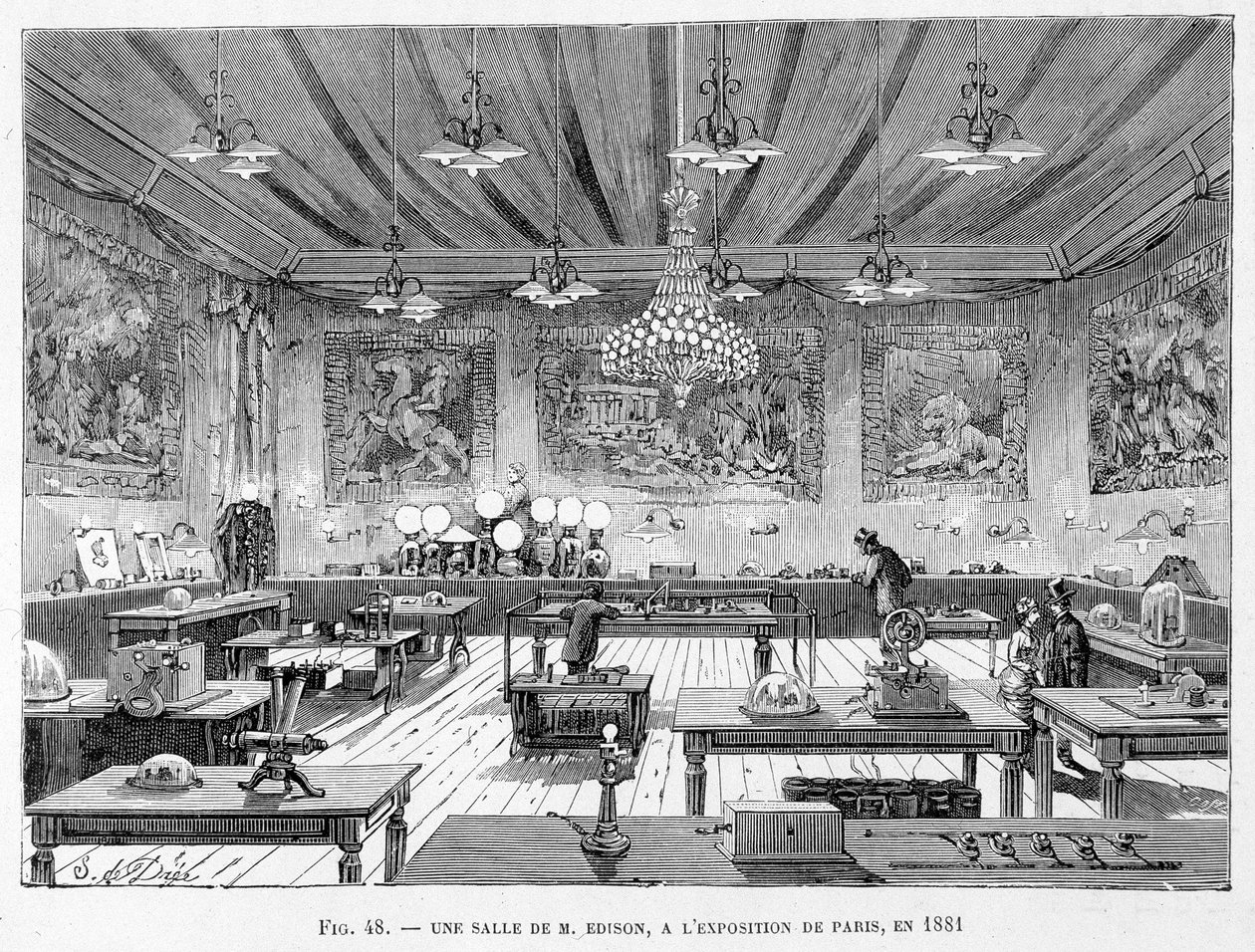 Et rom av Mr. Edison på Paris-utstillingen i 1881 - i "The new conquests of science" av Louis Figuier av French School