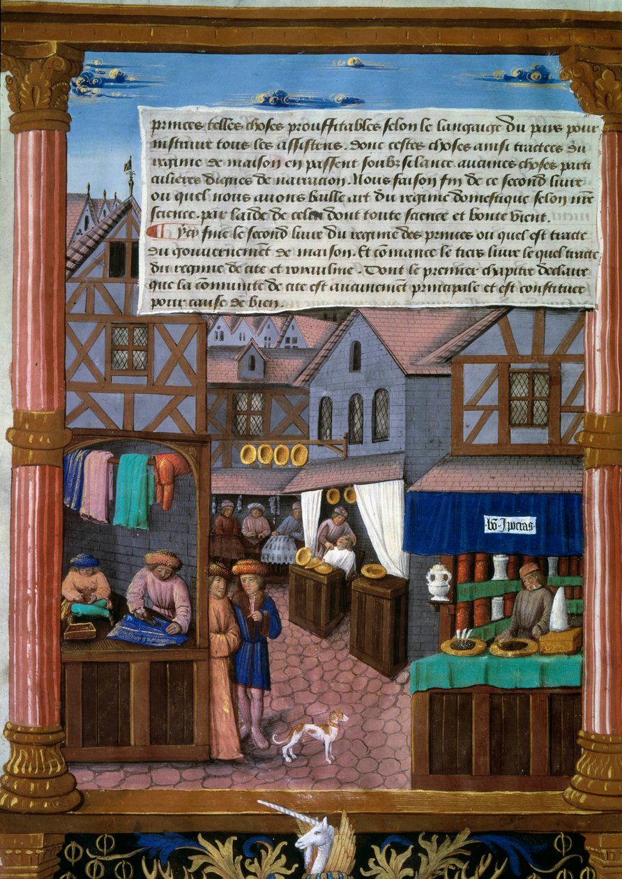 En rue de Paris med ekkopper på begynnelsen av 1500-tallet Manuskriptside hentet fra "Livre du Gouvernement des Princes" "av Romain Gilles (1500-tallet) Paris, Bibliotheque de l