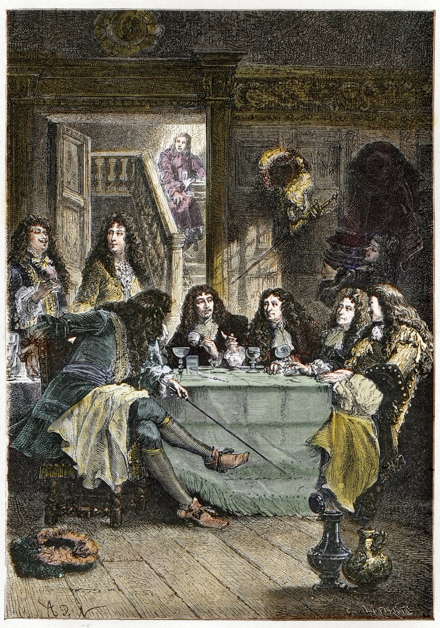 En salong (kabaret) som samler de franske forfatterne Jean de La Fontaine (1621-1695), Nicolas Boileau-Despreaux (Boileau Despreaux) (1636-1711), dramatikeren Jean Baptiste Poquelin dit Moliere (1622-1673) og poeten Jean Racine ( 1639-1699) - Fontenen, Boi av French School