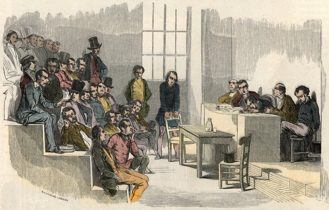 En seanse av aggregasjonskonkurransen ved Sorbonne i Paris på 1800-tallet - Gravering i "" Tableau-de-Paris"" av Edmond Texier 1852 av French School