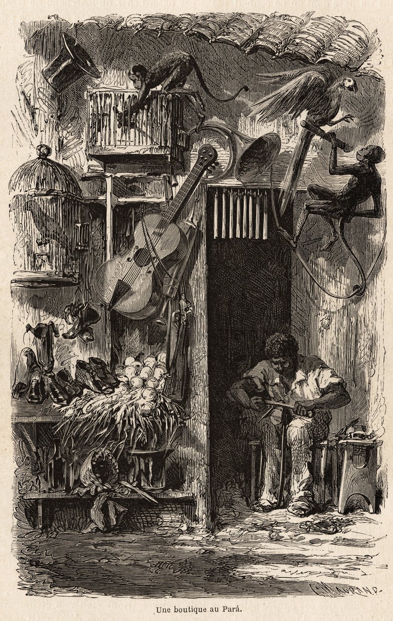En butikk på Para, illustrasjon for Mr.Biards tur til Brasil i 1858-1859. Gravering i “” Le tour du monde”” 1861. Selvas samling. av French School