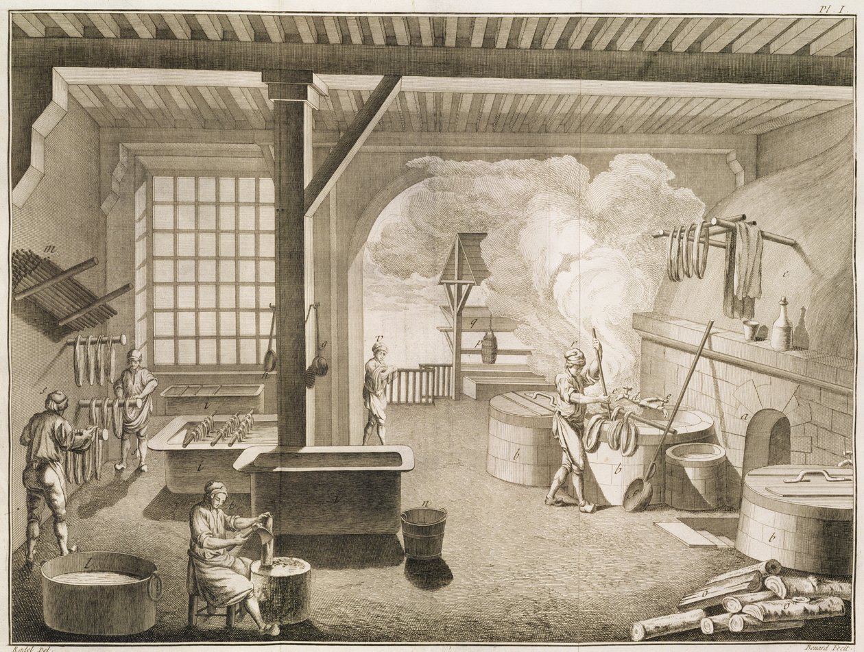 Et verksted for silkefarger, fra Encyclopedie des Sciences et Metiers av Denis Diderot (1713-84) utgitt ca. 1770 av French School