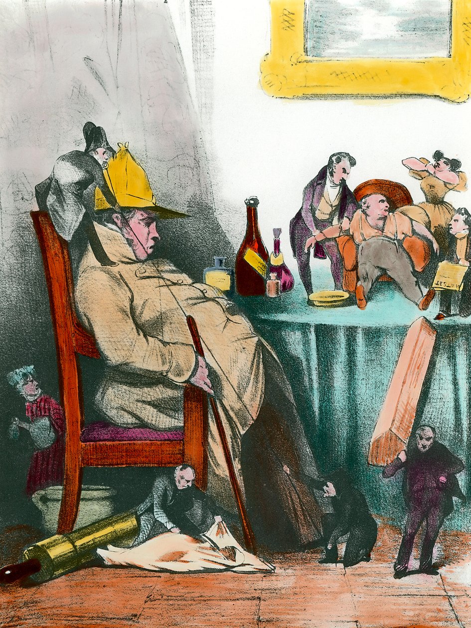 En sittende hypokonder som tenker på sin neste død Illustrasjon for stykket «Le malade imaginaire»» av Jean Baptiste Poquelin dit Moliere (1622-1673) Privatsamling fra 1800-tallet av French School