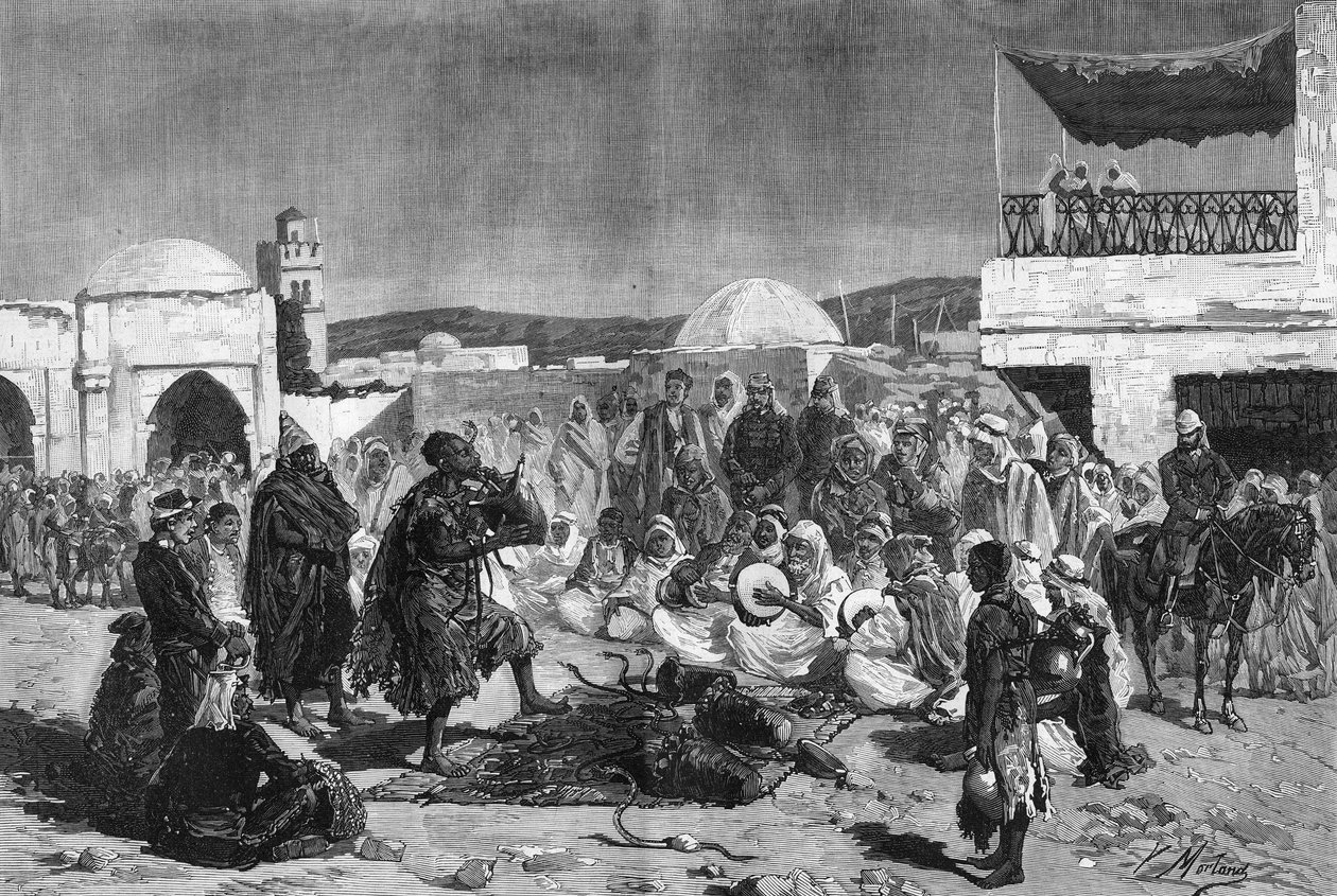 En slangetjarmer på Souk-plassen i Beja i Tunisia av French School