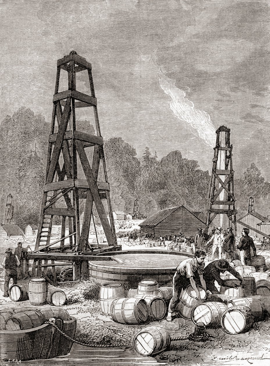 En petroleumskilde ved Oil Creek ved Allegheny River, Pennsylvania, USA i 1858, oppdaget av Edwin Laurentine Drake, alias oberst Drake, fra 