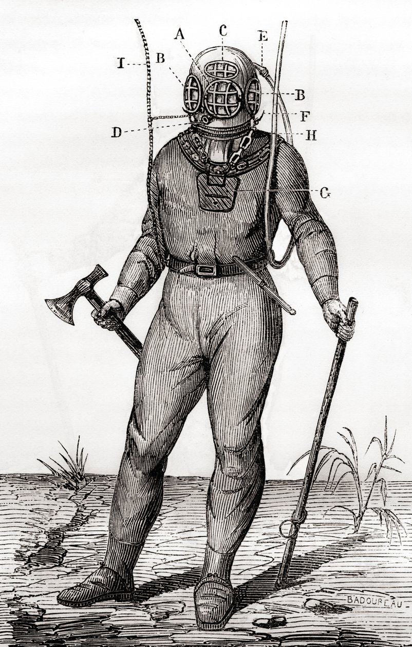 En standard dykkerdrakt patentert av Joseph-Martin Cabirol i 1855, fra 