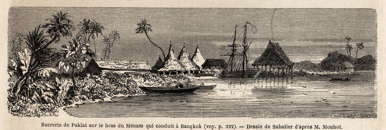En sukkerfabrikk i Paklat, på armen til Menam, Thailands viktigste elv, tegnet av Sabatier, for å illustrere Henri Mouhots reise til kongedømmene Siam, Kambodsja og Laos fra 1858 til 1861. Gravering i "" Le tour du monde" ”, redigert av Edouard Charto av French School