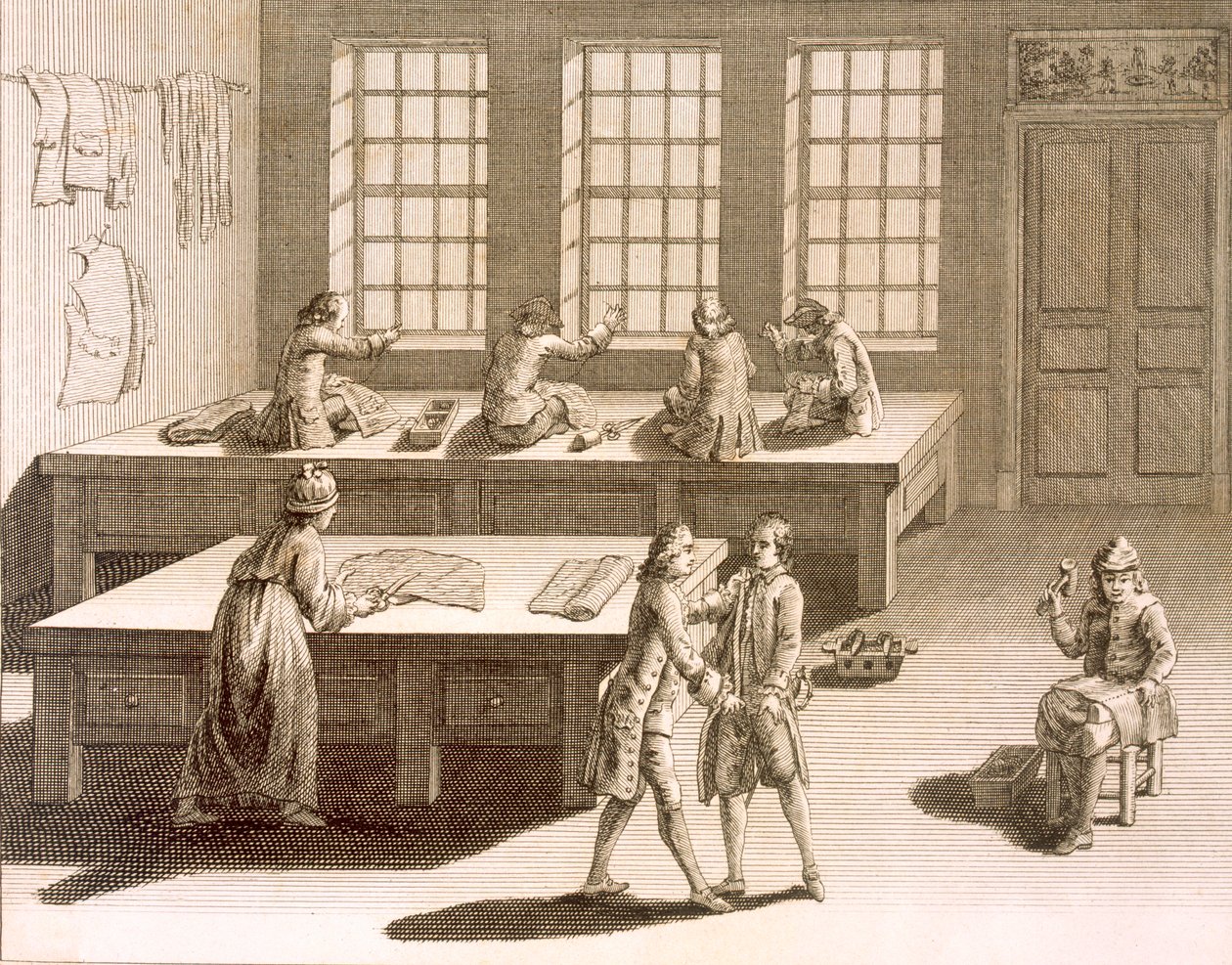 Et skredderverksted, fra Encyclopedie des Sciences et Metiers av Denis Diderot (1713-84) utgitt ca. 1770 av French School