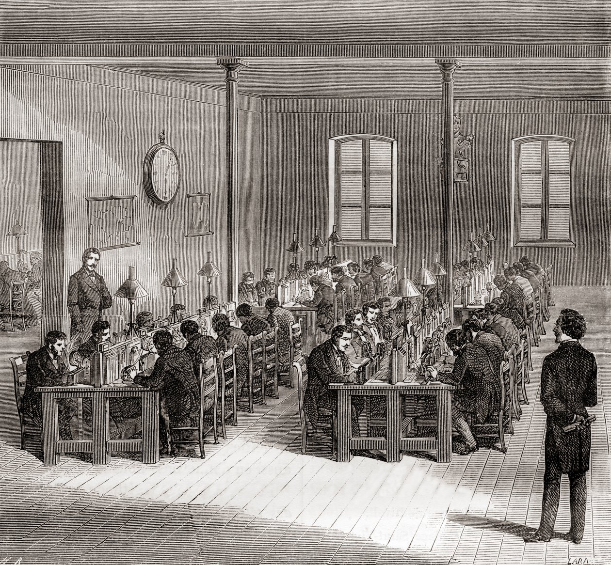 En telegrafstasjon i Paris, Frankrike ca. 1870, fra Les Merveilles de la Science, publisert ca. 1870 (engaving) av French School