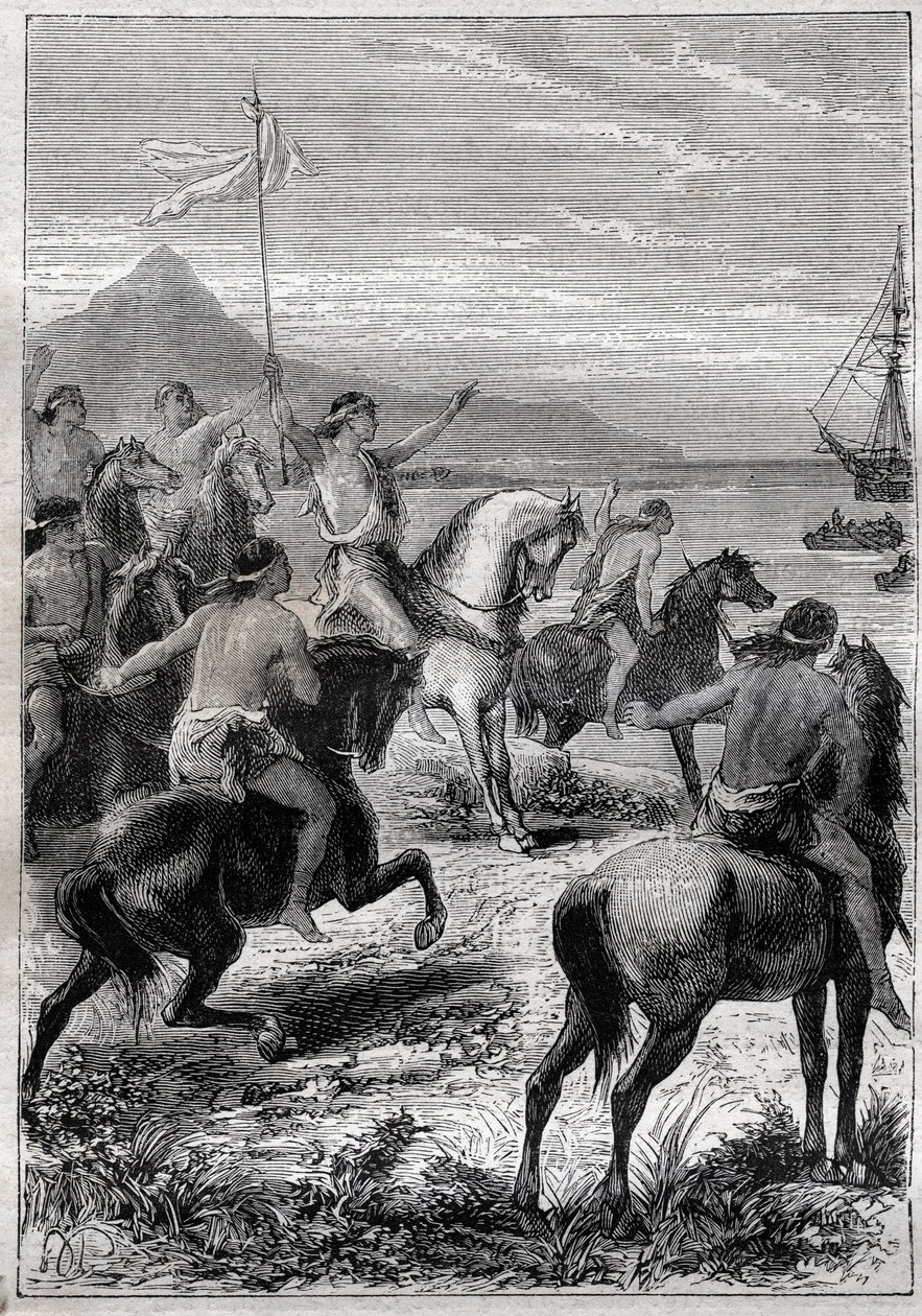 A troop of men on horseback wore a white flag: Vice-Admiral John Byron (1723-1786) received by the natives of Cape des Virgins, at the eastern mouth of Magellan
