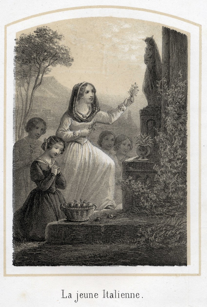 A very pious young Italian woman pays tribute to the Virgin Mary by giving her an olive branch. Anonymous engraving of the 19th century av French School