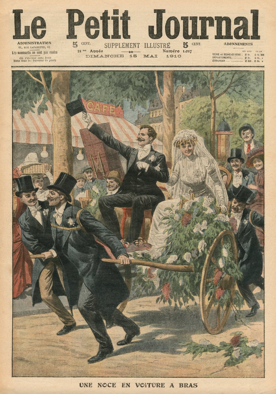 Et bryllup på en håndkjerre, illustrasjon fra Le Petit Journal, bilagsillustre, 15. mai 1910 av French School