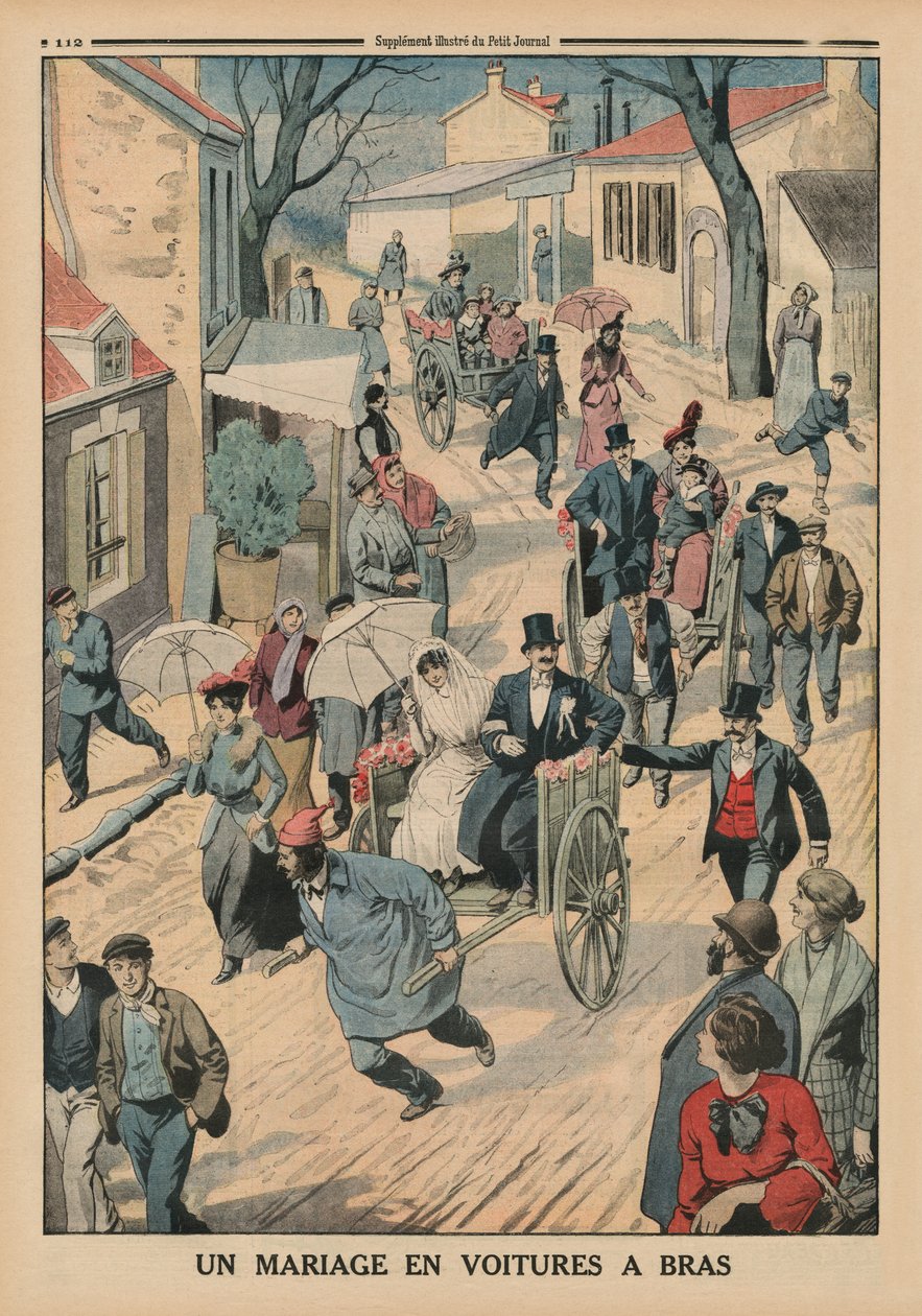Et bryllup på håndkjerrer, baksideillustrasjon fra Le Petit Journal, bilagsillustre, 5. april 1914 av French School