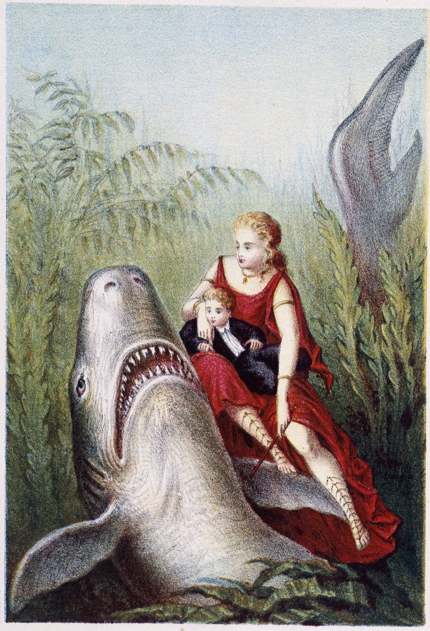 En kvinne og en gutt som rir på en hai - i "" Reise til bunnen av havet"" av H. de la Blanchère. Paris, red. Jouvet et Cie, sd. 1880. av French School