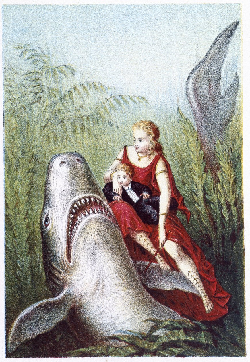 En kvinne og en gutt som rir på en hai - i "" Reise til bunnen av havet"" av H. de la Blanchère. Paris, red. Jouvet et Cie, sd. 1880. (dobbel 02943) av French School