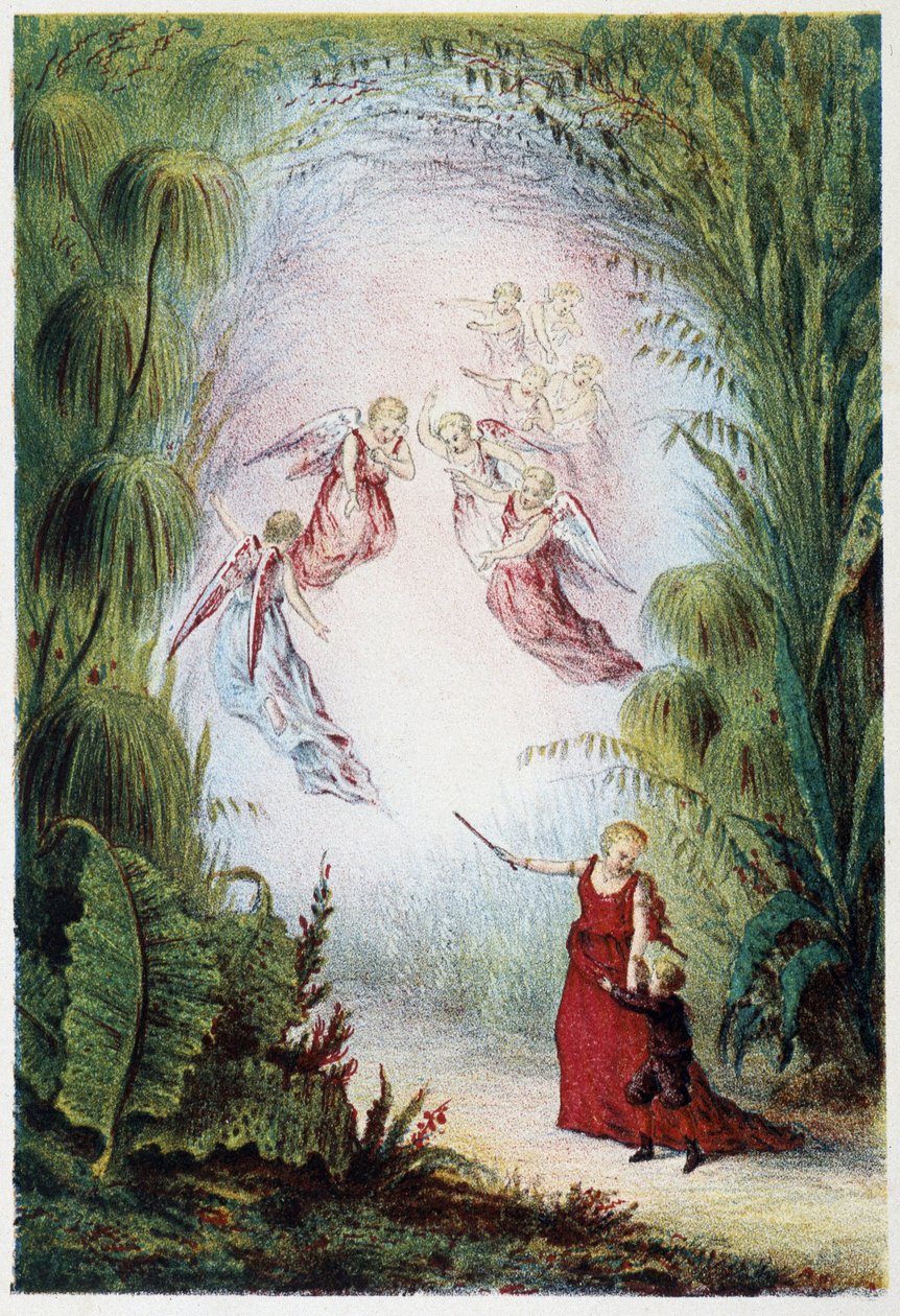 En kvinne og engler som viser vei til en gutt - i "" Reise til bunnen av havet"" av H. de la Blanchère. Paris, red. Jouvet et Cie, sd. 1880. av French School
