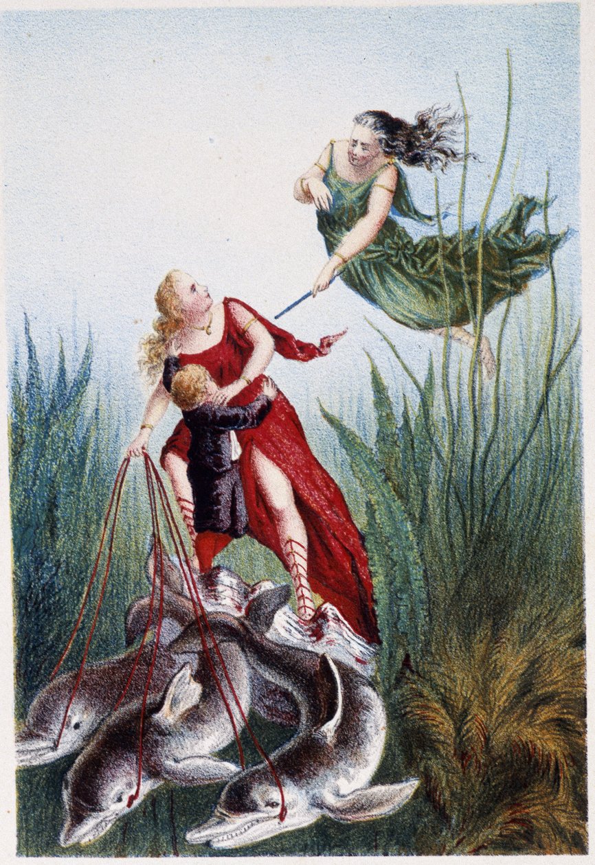 En kvinne angriper en annen kvinne og en gutt ledet av delfiner - i "" Reise til bunnen av havet"" av H. de la Blanchère. Paris, red. Jouvet et Cie, sd. 1880. (dobbel 02947 og 02952) av French School