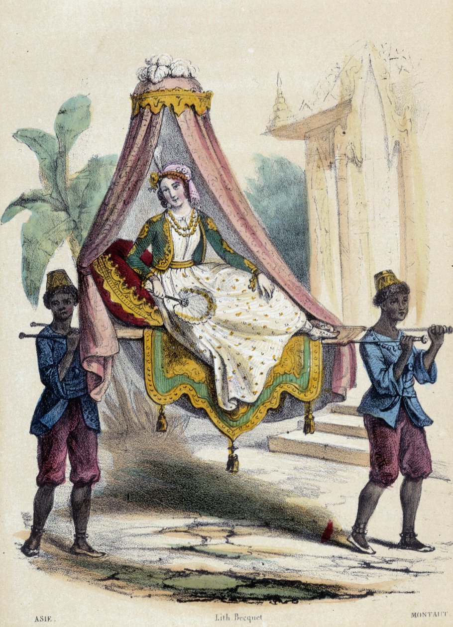 A woman carried in a palanquin by 2 servants; illustration for Asia, -in “The twelve Nations”” by M.E Fouinet av French School