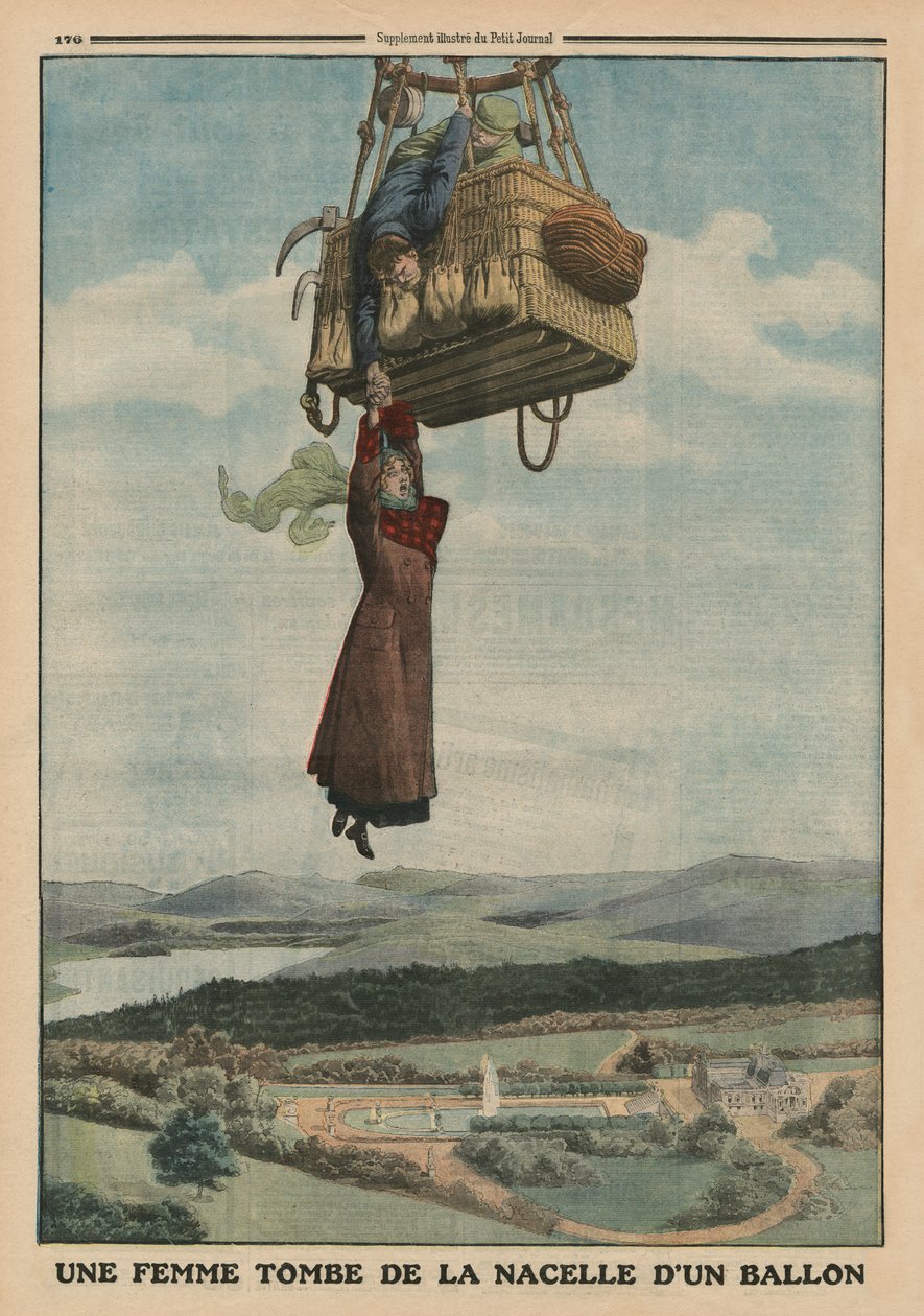 En kvinne som faller ned fra gondolen til en ballong, baksideillustrasjon fra 