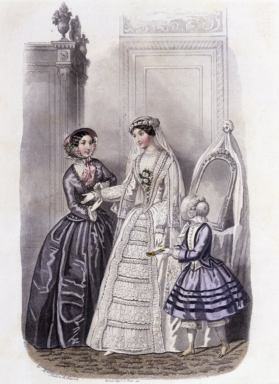 A woman in a wedding dress surrounded by a girl and a lady - in “Journal des Demoiselles”” 1852. av French School