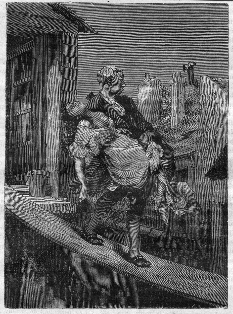 En ung jente blir tatt bort for fornøyelsene til kong Louis XV i Deer Park. Inngravering i "Prostitusjonens og utskeielsens historie blant alle verdens folkeslag fra antikken til i dag" av Dr. Th. -F. Debray. 1879. av French School