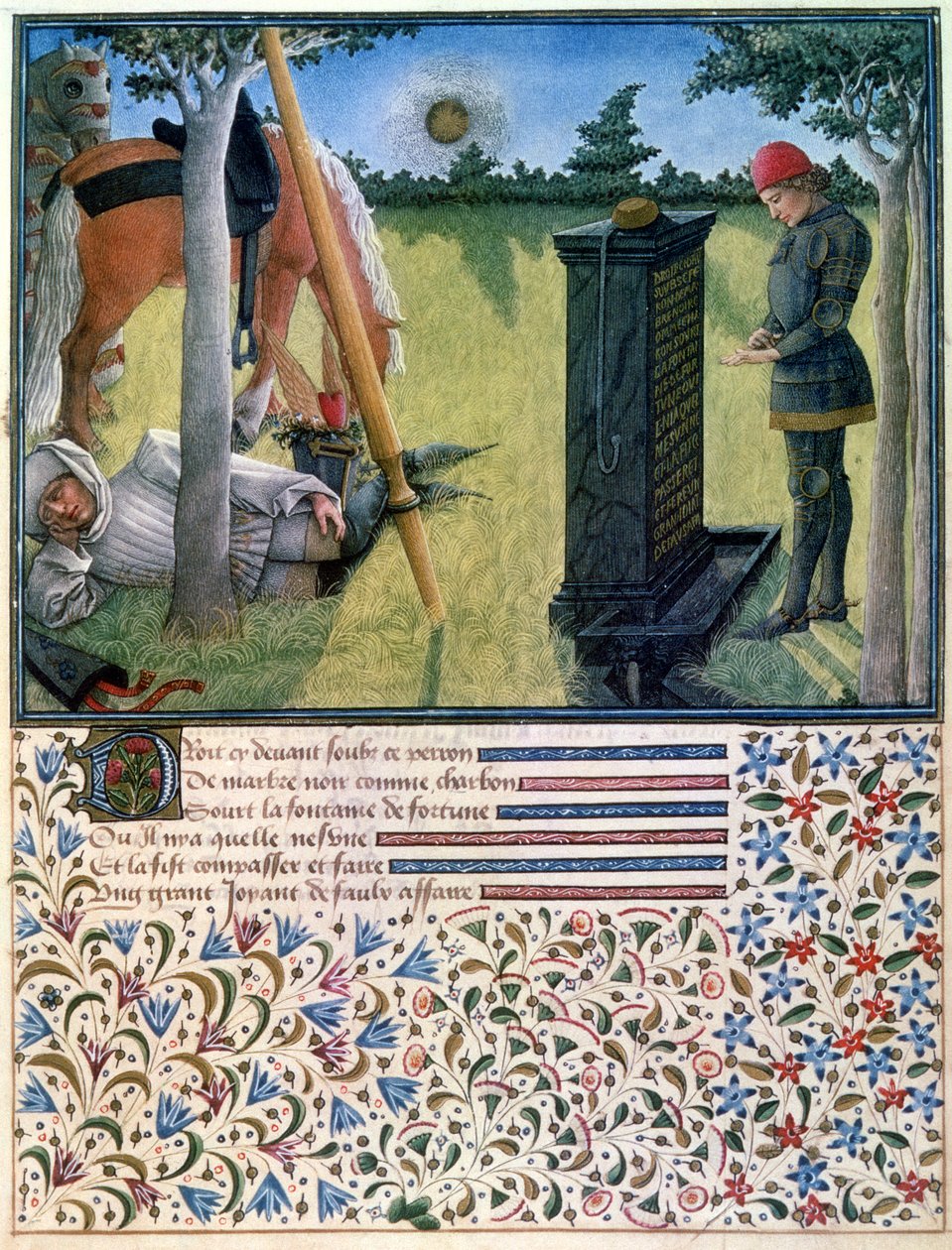 En ung ridder står foran en gravstein mens hans tjener sover i nærheten av hestene deres, fra Livre du Coeur dAmours Espris av Rene dAnjou, 1465 av French School