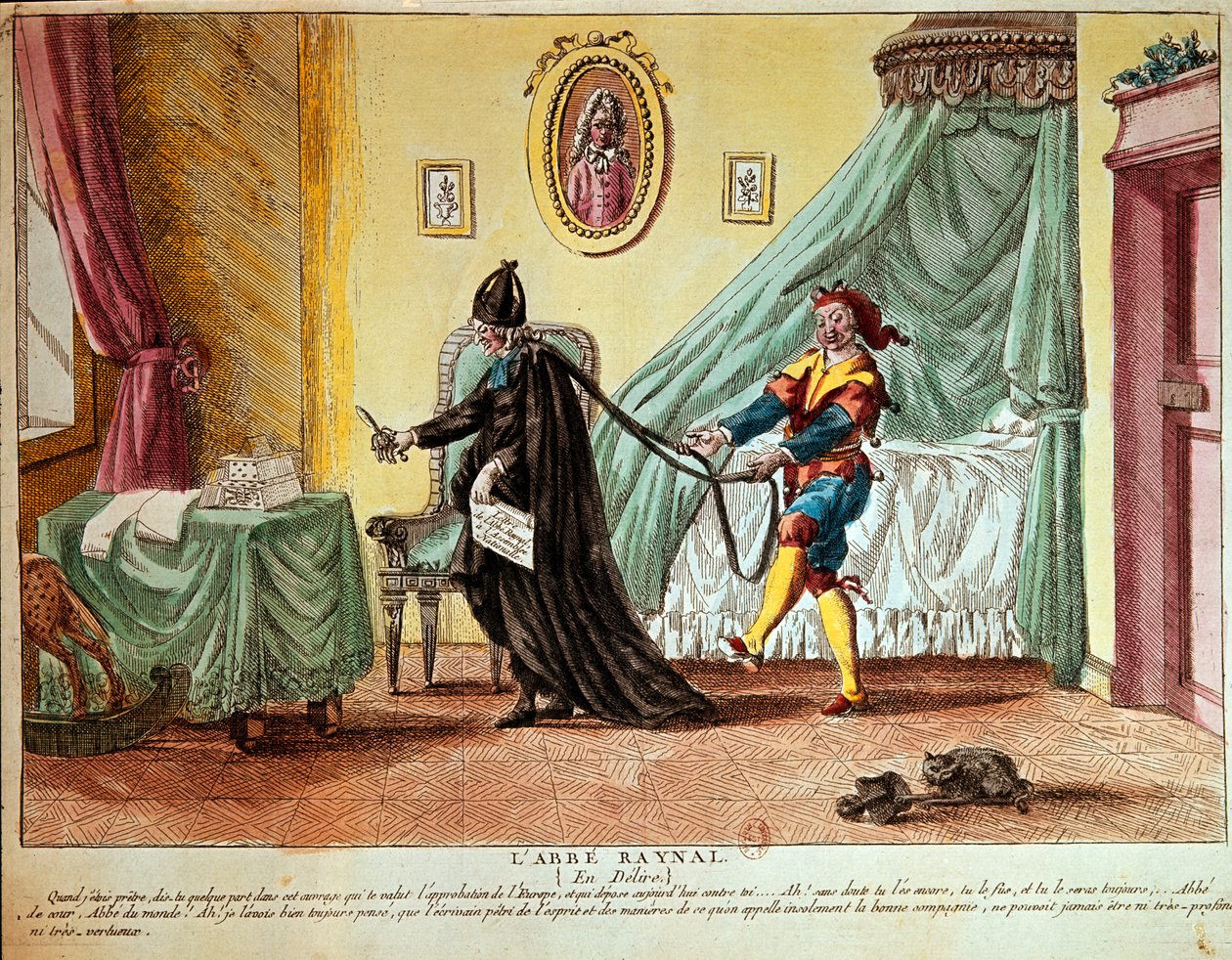 Abbé Raynal i et delirium, ca. 1790 (håndfarget etsning) av French School