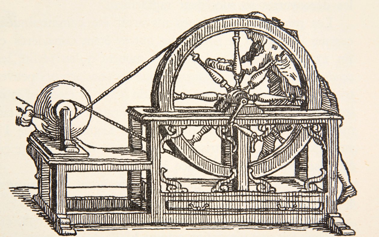 Abbe Nollets elektrisitetsmaskin, 1746, kopi av Boris Mestchersky (d.1957) illustrasjon fra Histoire de la Nation Francaise, Sciences, Volumes I & II, av Gabriel Hanotaux (1853-1944), 1924 av French School