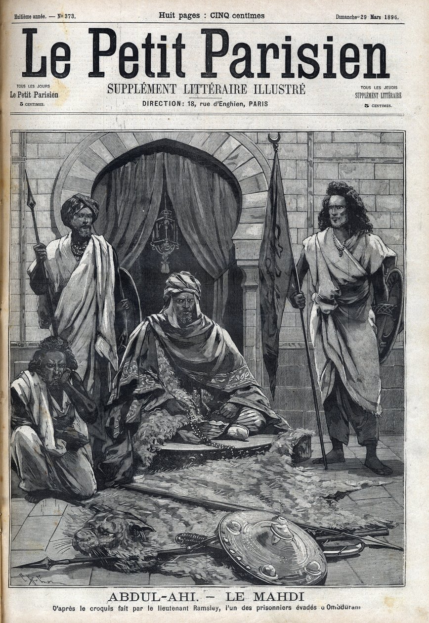 Abdul-Ahi Palace (Abdulahi) in Ombduram on the banks of the Nile in Mahdi. Engraving in " Le petit Parisien”” av French School