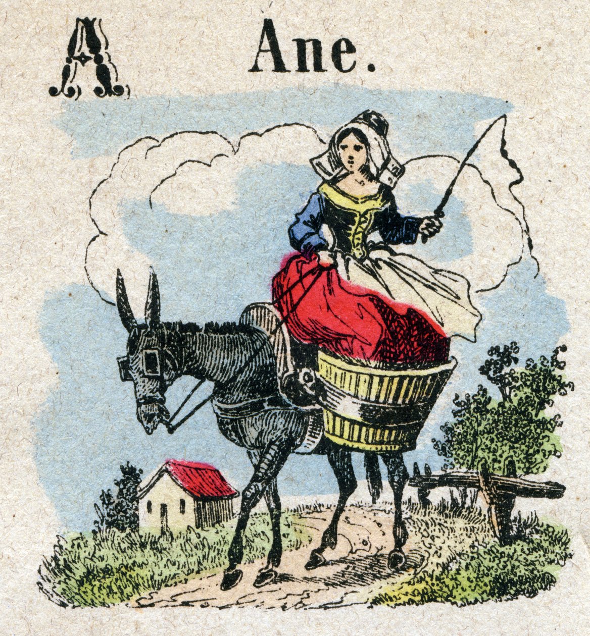 Abecedary. Bokstav A som esel. Lite encyklopedisk alfabet, populær serie. Epinal avbildning, slutten av 1800-tallet av French School