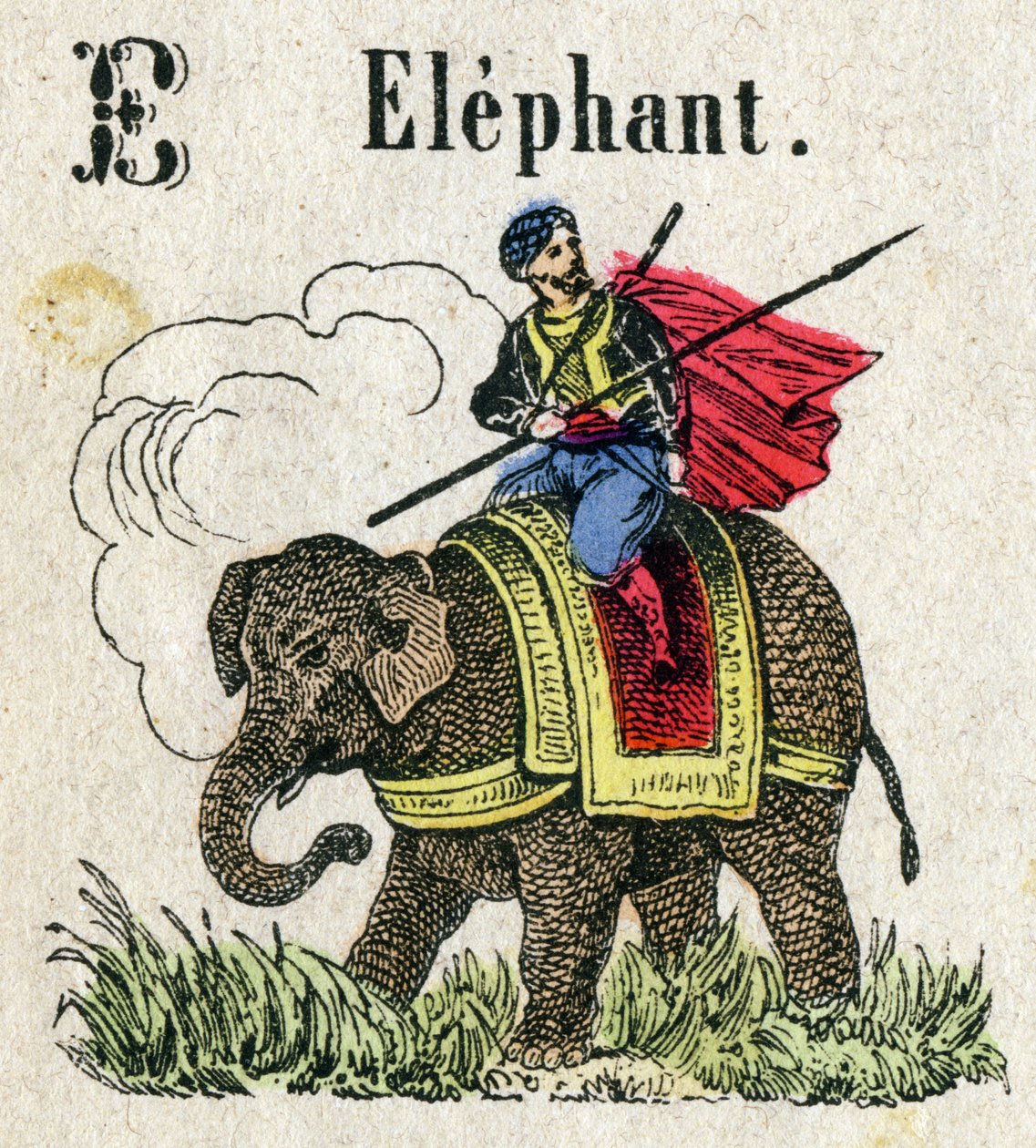 Abecedary. Bokstaven E som Elephant. Lite encyklopedisk alfabet, populær serie. Epinal avbildning, slutten av 1800-tallet av French School