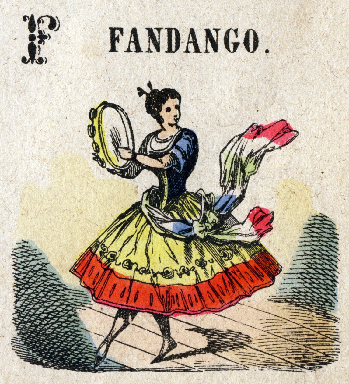 Abecedary. Bokstaven F som Fandango. Lite encyklopedisk alfabet, populær serie. Epinal avbildning, slutten av 1800-tallet av French School