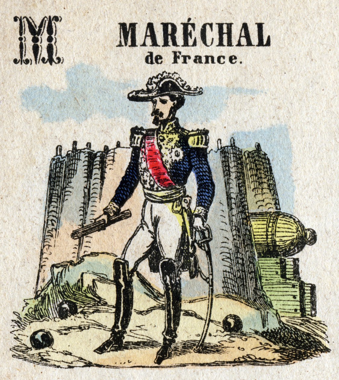 Abecedary. Bokstaven M som Marechal fra Frankrike. Lite encyklopedisk alfabet, populær serie. Epinal avbildning, slutten av 1800-tallet av French School