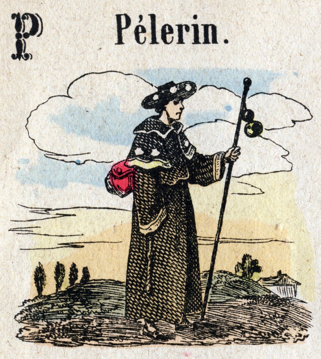 Abecedary. Bokstaven P som Pelerin. Lite encyklopedisk alfabet, populær serie. Epinal avbildning, slutten av 1800-tallet av French School