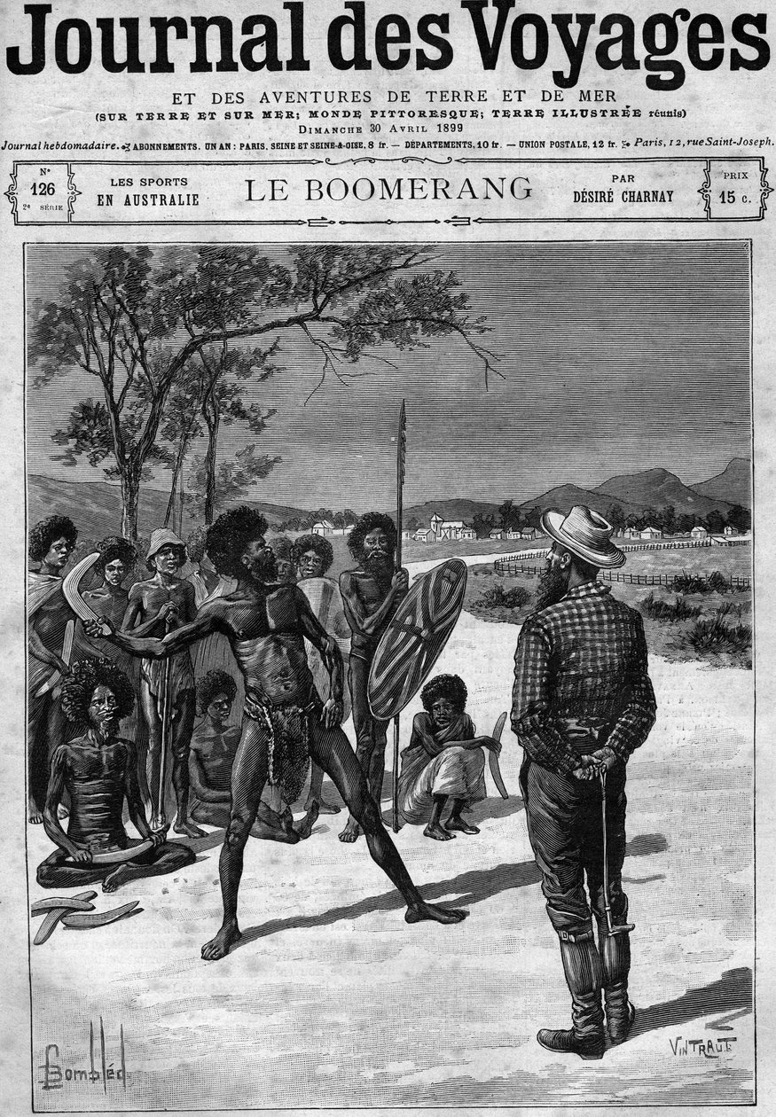 Aborigines of Australia bruker en boomerang, sent på 1800-tallet. Gravering i "" Journal des Voyages"" av 30. april av French School