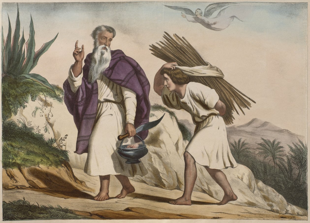 Abraham tok Isak til Mount Moriah, illustrasjon fra en katekisme LHistoire Sainte, utgitt av Charles Delagrave, Paris av French School