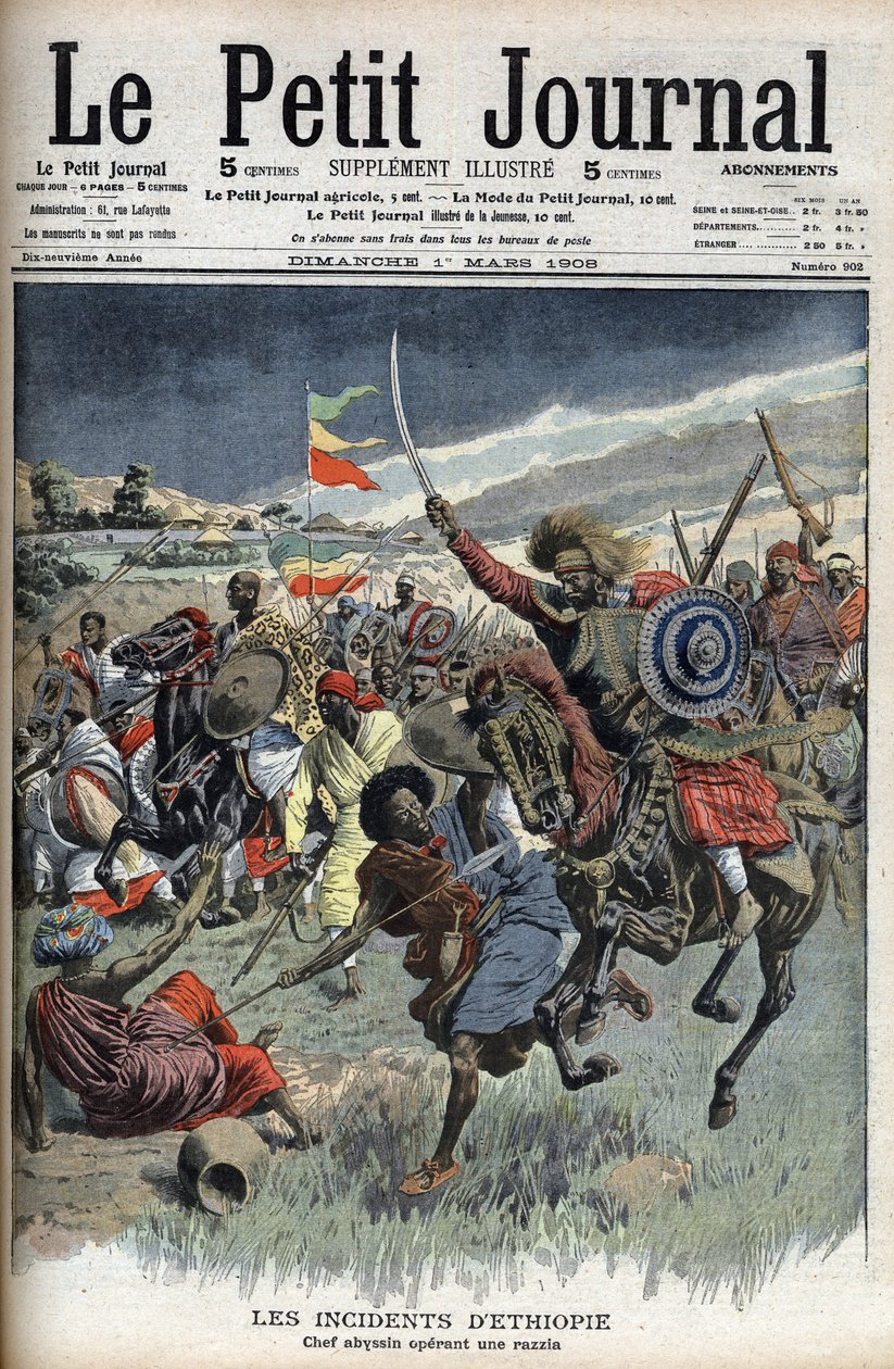 Abessinisk høvding på et raid, Etiopia, mars 1908 (kristne abyssinere kjemper mot muslimske somaliere på grensen mellom Etiopia og Somalia) fra Le Petit Journal (gravering) av French School