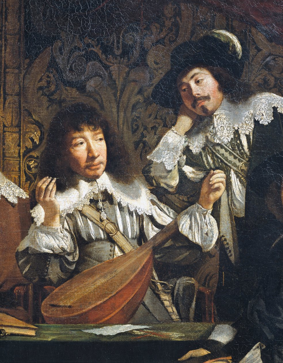 Musikkakademiet, eller Meeting of amateurs, rundt 1640, av ukjent kunstner fra fransk skole, detalj av tuning av lut, olje på lerret av French School
