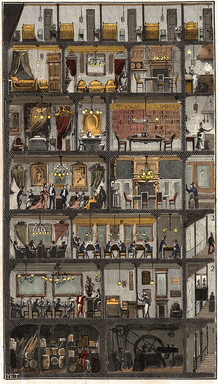 Overnatting i Paris - Tverrsnitt av et parisisk hus 1885 - Tverrsnitt av et hus i Paris i 1885. i “” La Nature. Gjennomgang av vitenskaper og deres anvendelser til kunst og industri." av French School