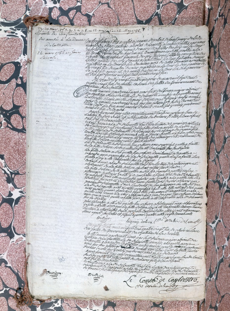 Beretning om konfrontasjonen mellom Comtesse de la Motte og Cagliostro under rettssaken angående Queens-kjedet, 24. mai 1786 av French School