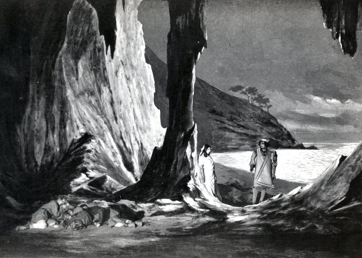 Akt II, Scene 3 av Pelleas et Melisande av Debussy, fra et fotografi av den første produksjonen i april 1902 av operaen på Opera-Comique i Paris, illustrasjon i Theatre magazine, juni, 1902 (l av French School