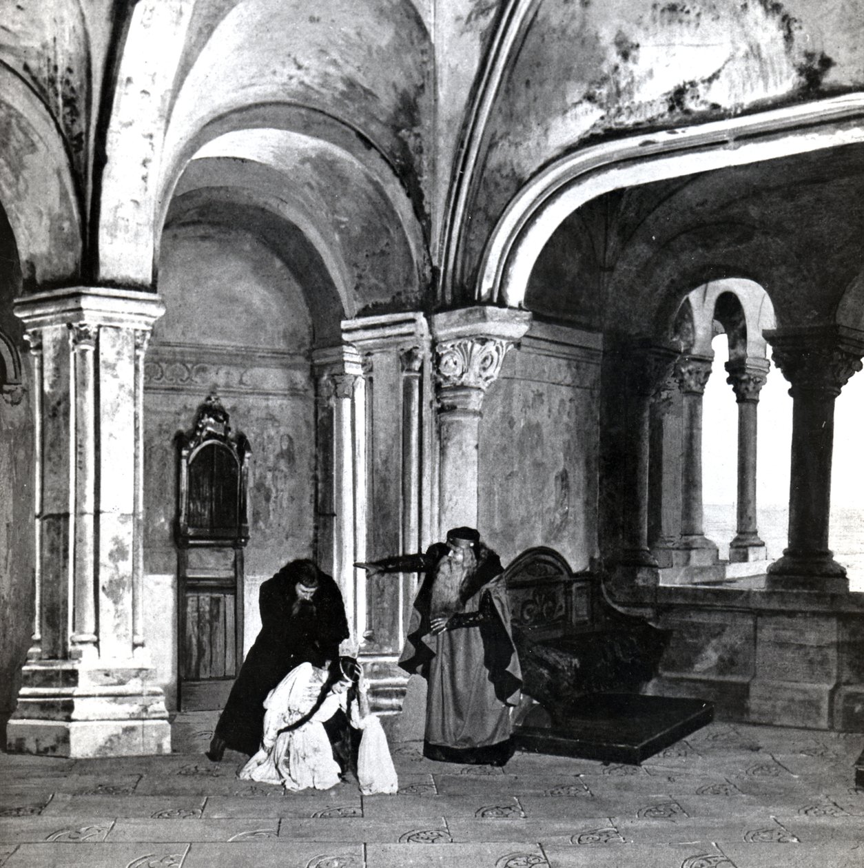 Akt IV, Scene 2 av Pelleas et Melisande av Debussy, fra et fotografi av den første produksjonen i april, 1902 av operaen på Opera-Comique i Paris, illustrasjon i Theatre magazine, juni, 1902 (l av French School